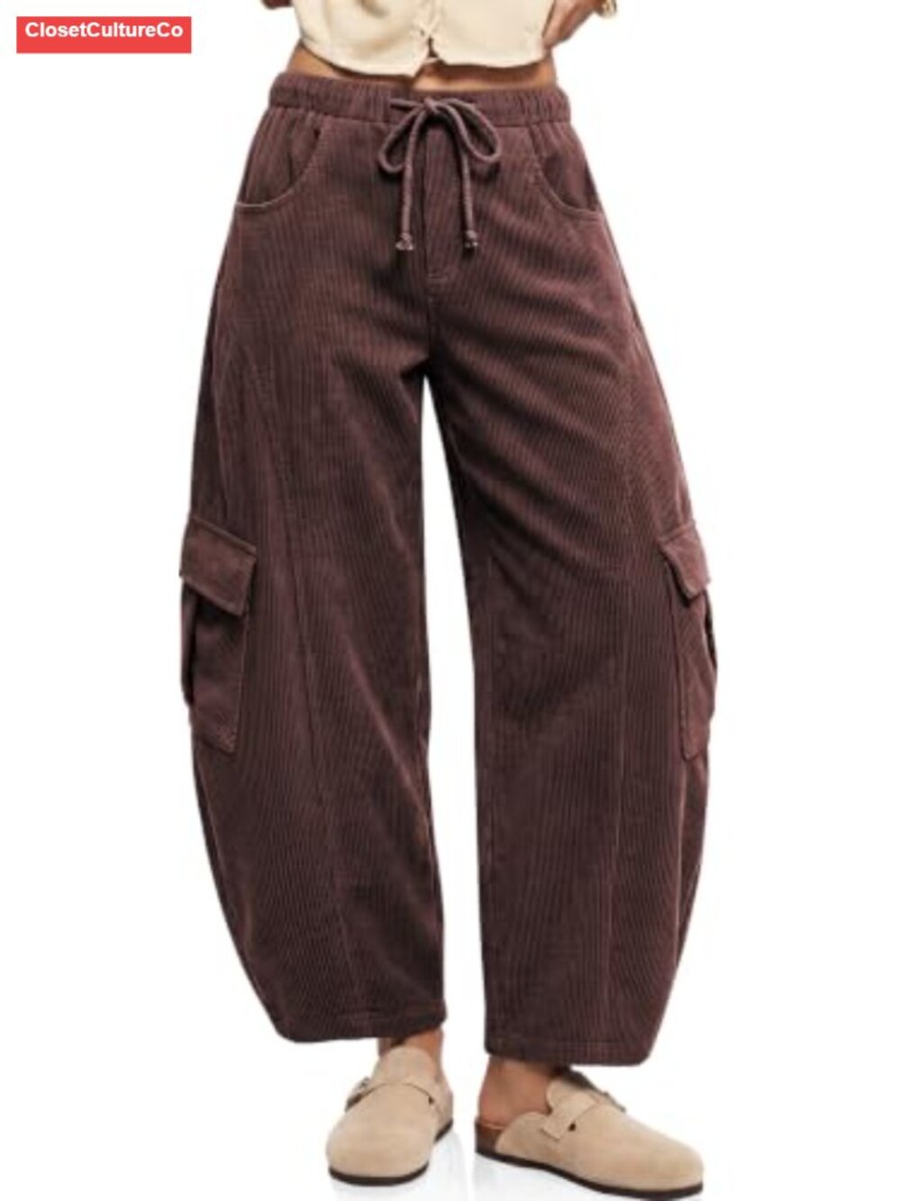 Corduroy Cargo Wide Leg Barrel Pants High Rise Tapered Casual - Picture 1 of 6